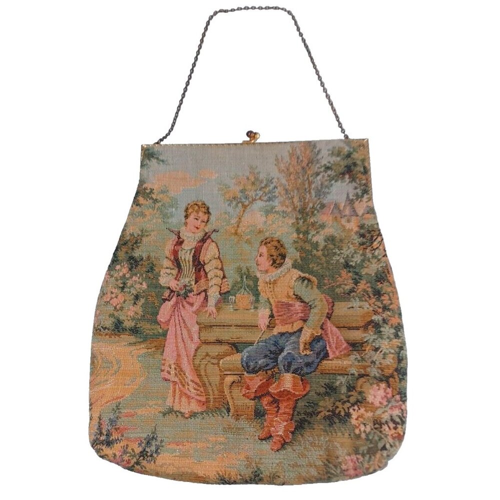 Antique Aubusson Victorian Tapestry Purse Romantic Couple Kisslock Handbag
